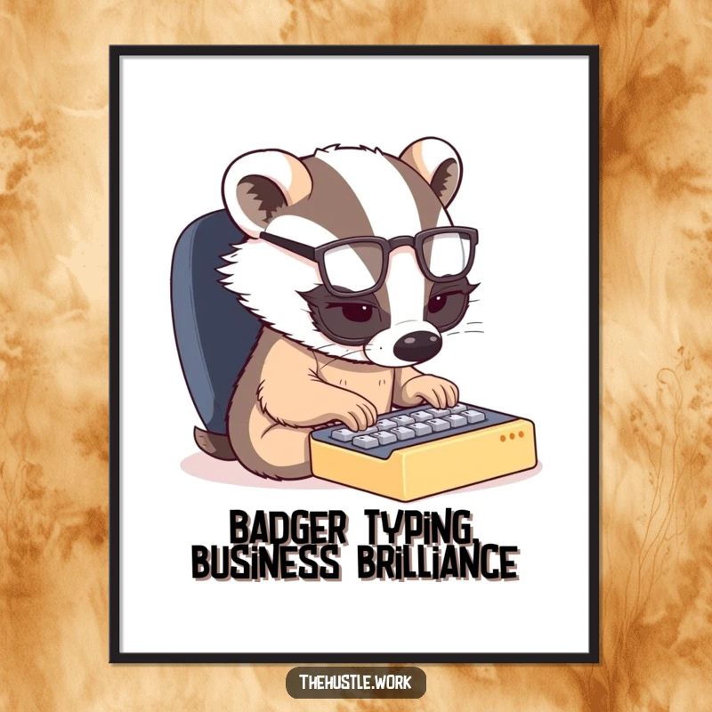 Funny free printable wall art of a small, determined badger wearing spectacles, typing furiously on a tiny keyboard.