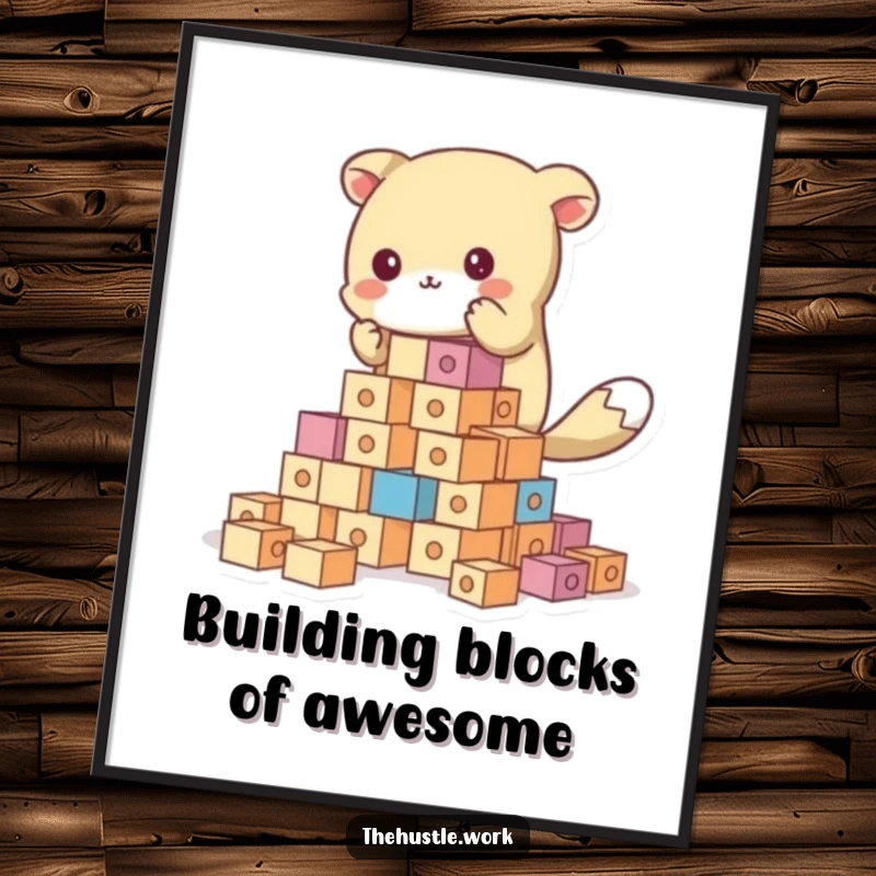 Funny Free Printable Wall Art of an animal character absorbed in enthusiastically building a large, impressive tower of blocks.