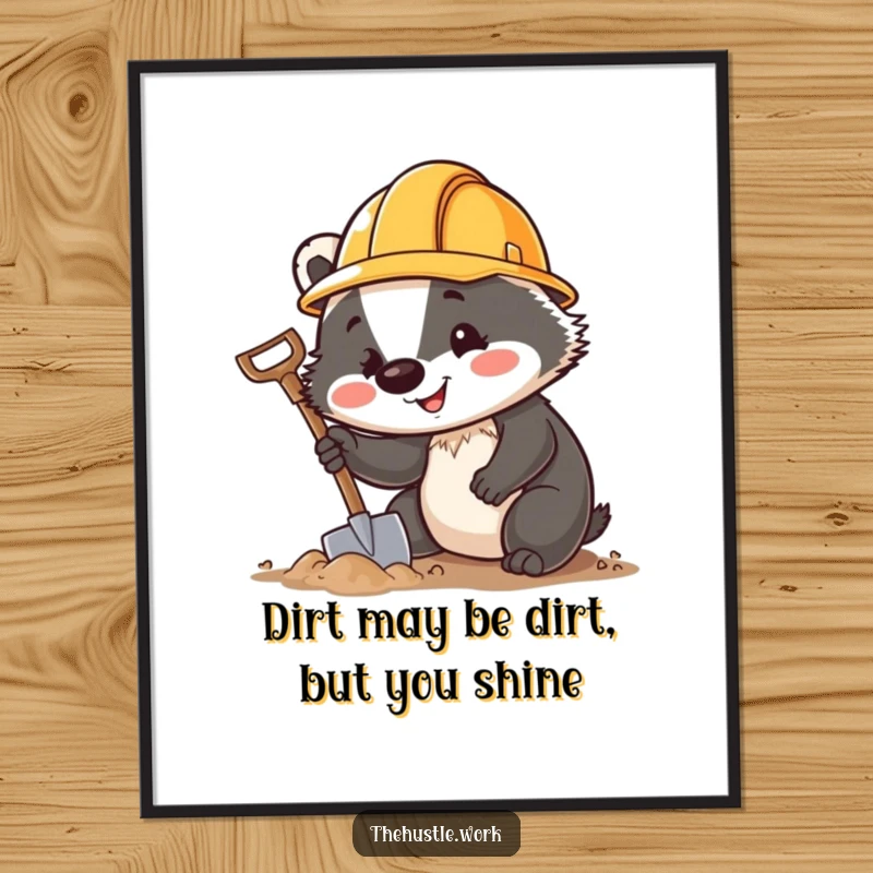 Funny Free Printable Wall Art: A happy badger wearing a hard hat digs with a small shovel, ready for construction fun.
