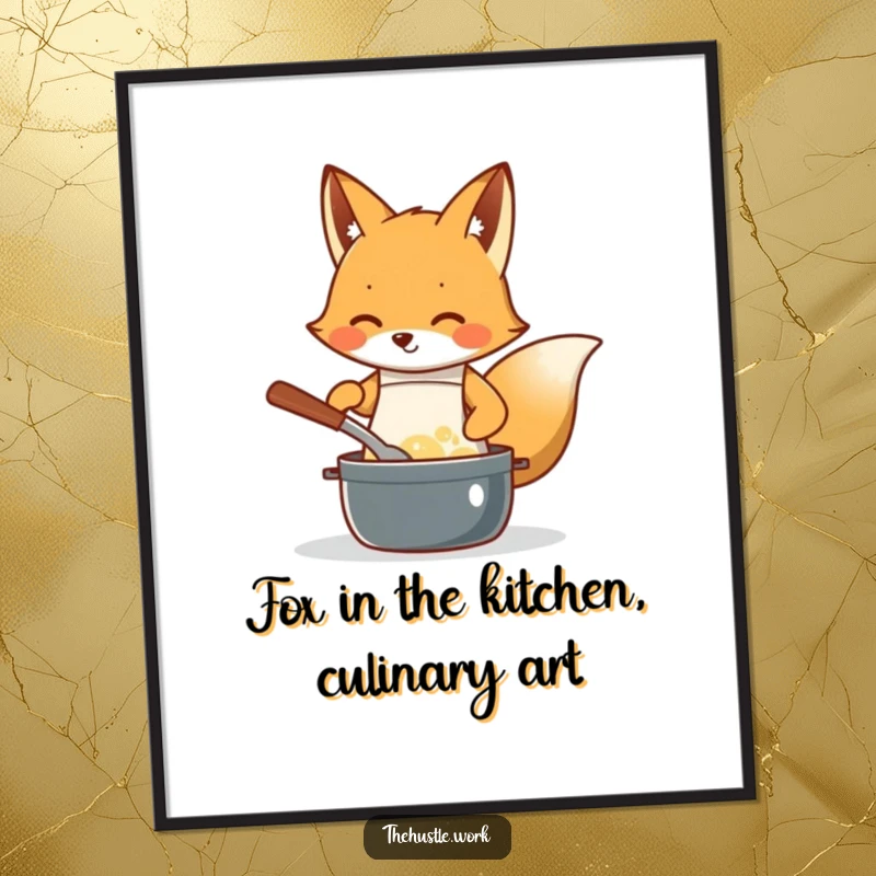 Funny Free Printable Wall Art: Energetic fox chef in apron enthusiastically stirring a bubbling pot.