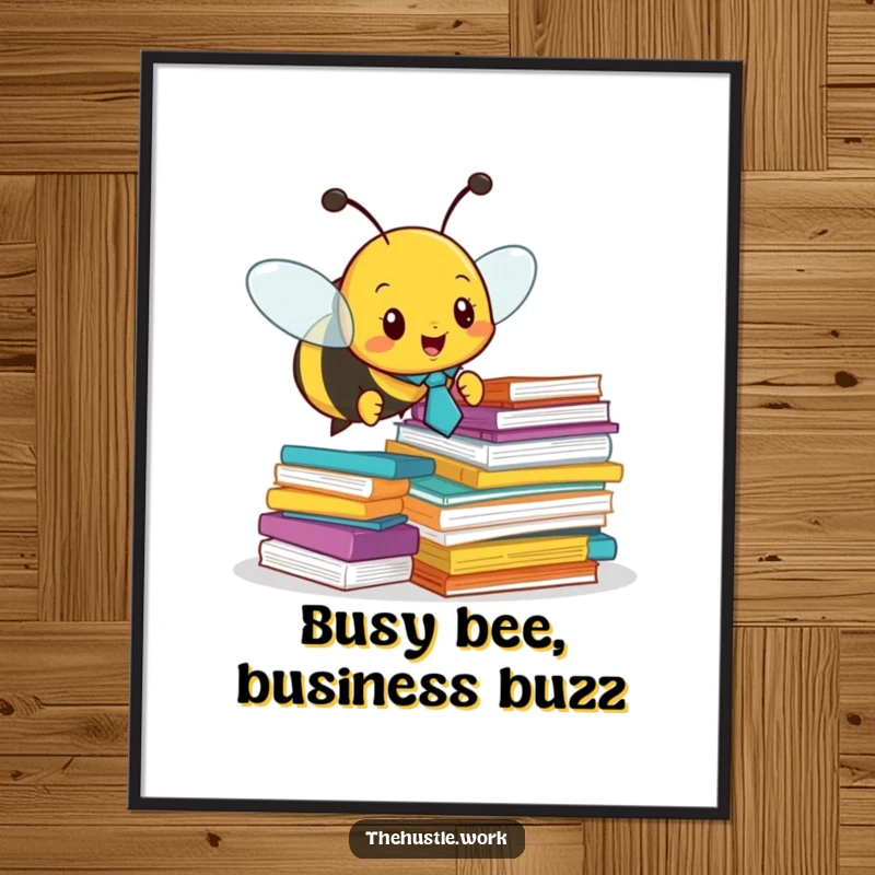 Funny free printable wall art of a busy bee wearing a tiny tie, buzzing around stacks of colorful papers.