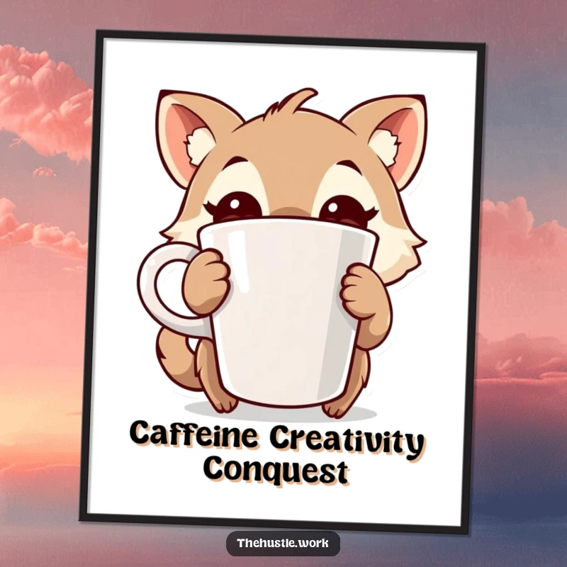 Funny Free Printable Wall Art: Animal character wide-eyed, excitedly gripping a giant coffee cup, full of potent energy.