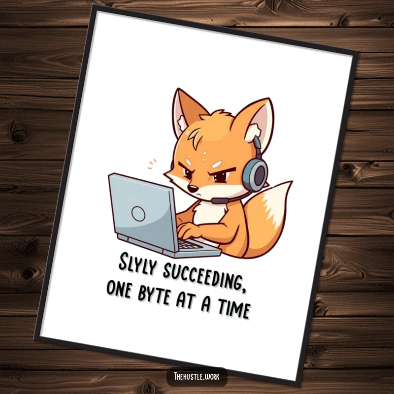 Funny Free Printable Wall Art: A determined fox wearing a headset types furiously on a laptop, symbolizing focus and skill.