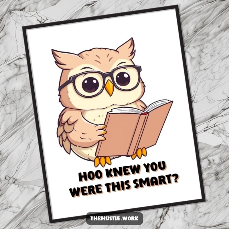 Funny Free Printable Wall Art: A focused owl wearing round glasses reads a large, ancient book, embodying knowledge.