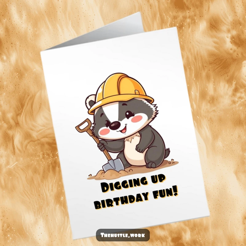Funny Free Printable Birthday Card: Cheerful badger in hard hat digging with shovel, ready for a birthday party surprise.