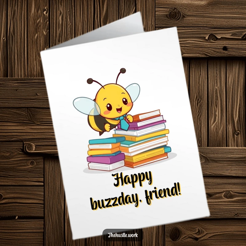 Funny free printable birthday card featuring a busy bee in a tie, buzzing around stacks of papers.