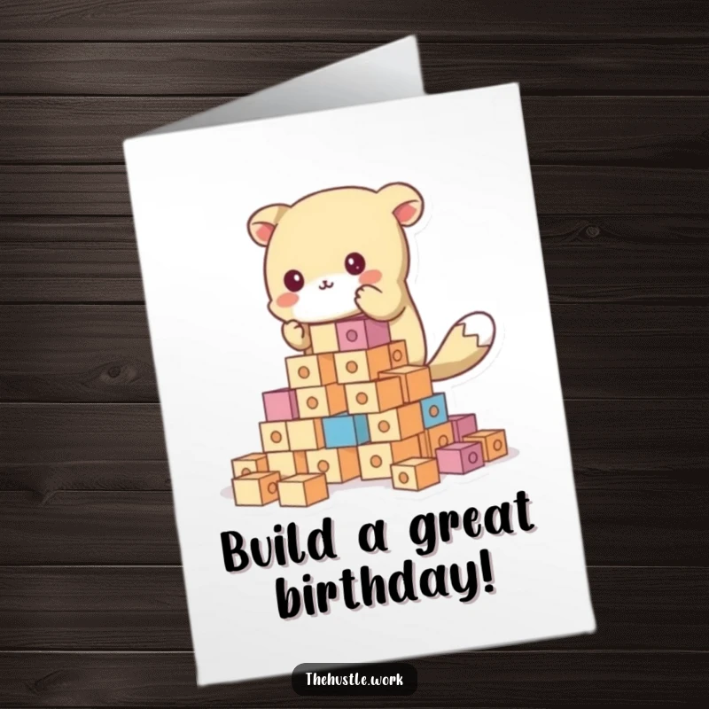 Funny Free Printable Birthday Card showing an animal character joyfully building a tall tower with colorful small blocks.