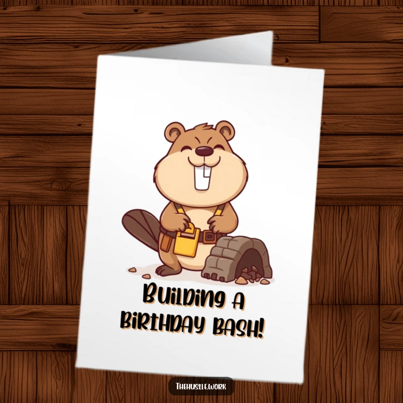 Funny Free Printable Birthday Card: Busy beaver with tool belt smiles while constructing a small dam, celebrating a birthday.