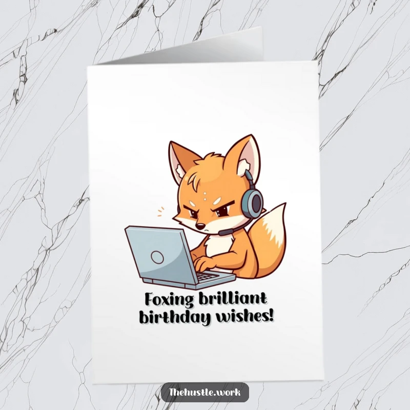 Funny Free Printable Birthday Card: Determined fox with headset furiously types on laptop, celebrating a birthday.