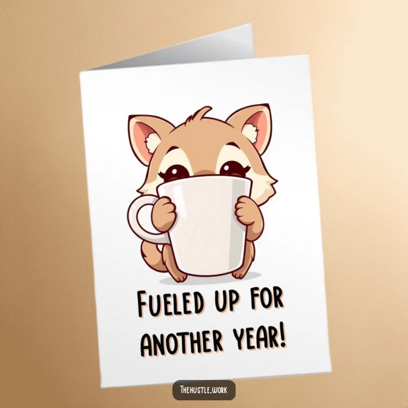 Funny Free Printable Birthday Card: Animal character wide-eyed, gripping giant coffee cup, radiating pure caffeine energy.