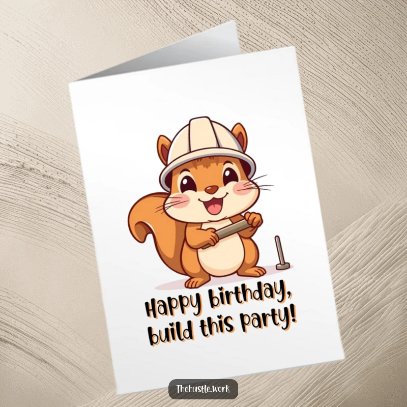 Funny free printable birthday card of a cheerful squirrel wearing a hard hat, enthusiastically hammering a small nail.