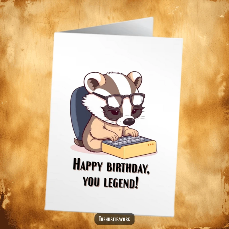 Funny free printable birthday card showing a determined badger in spectacles, furiously typing on a tiny keyboard.