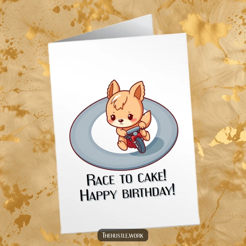Funny Free Printable Birthday Card: Playful animal character focused, racing intensely on a winding track.