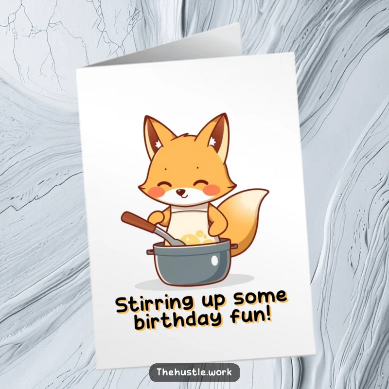 Funny Free Printable Birthday Card: Diligent fox chef in apron stirring bubbling pot with enthusiasm.