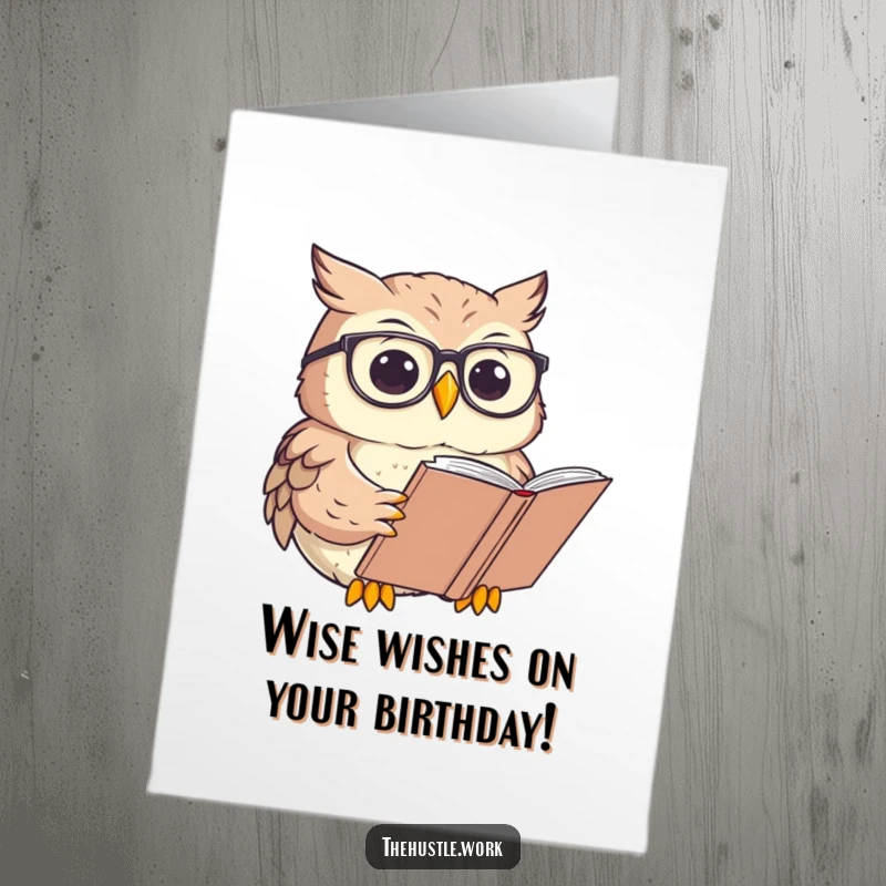Funny Free Printable Birthday Card: Focused owl with glasses reads a large book, wishing a happy birthday.
