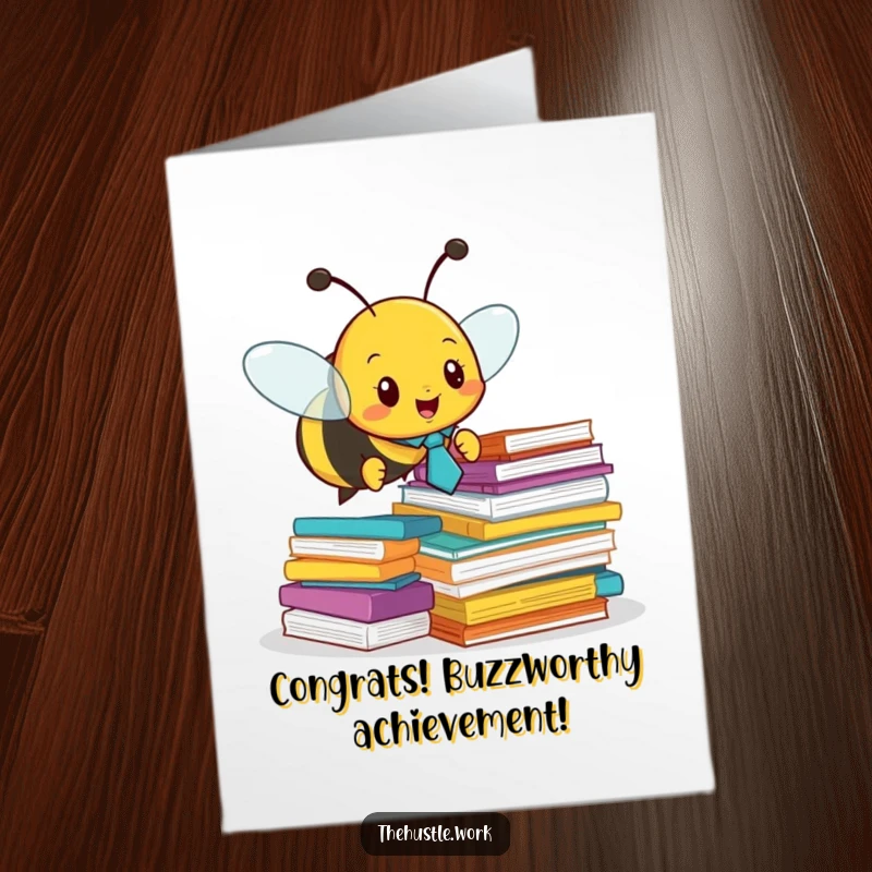 Funny free printable congratulations card showing a busy bee in a tie buzzing around stacks of colorful papers.