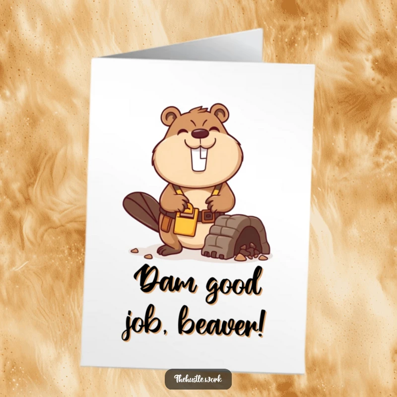 Funny Free Printable Congratulations Card: Smiling beaver with tool belt builds a miniature dam, representing accomplishment.
