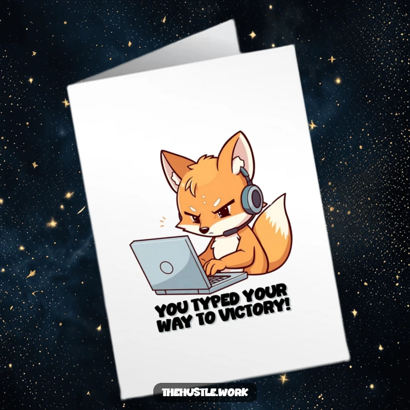 Funny Free Printable Congratulations Card: Fox wearing a headset types fast on a laptop, celebrating a successful project completion.
