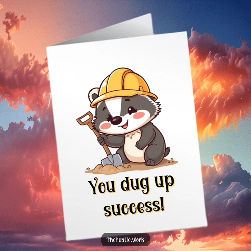 Funny Free Printable Congratulations Card: Happy badger in hard hat celebrates a win with a shovel, symbolizing accomplishment.