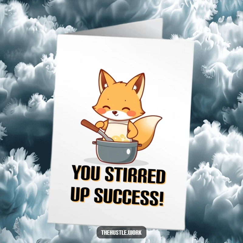 Funny Free Printable Congrats Card: Ambitious fox chef in apron stirring a pot with excitement.