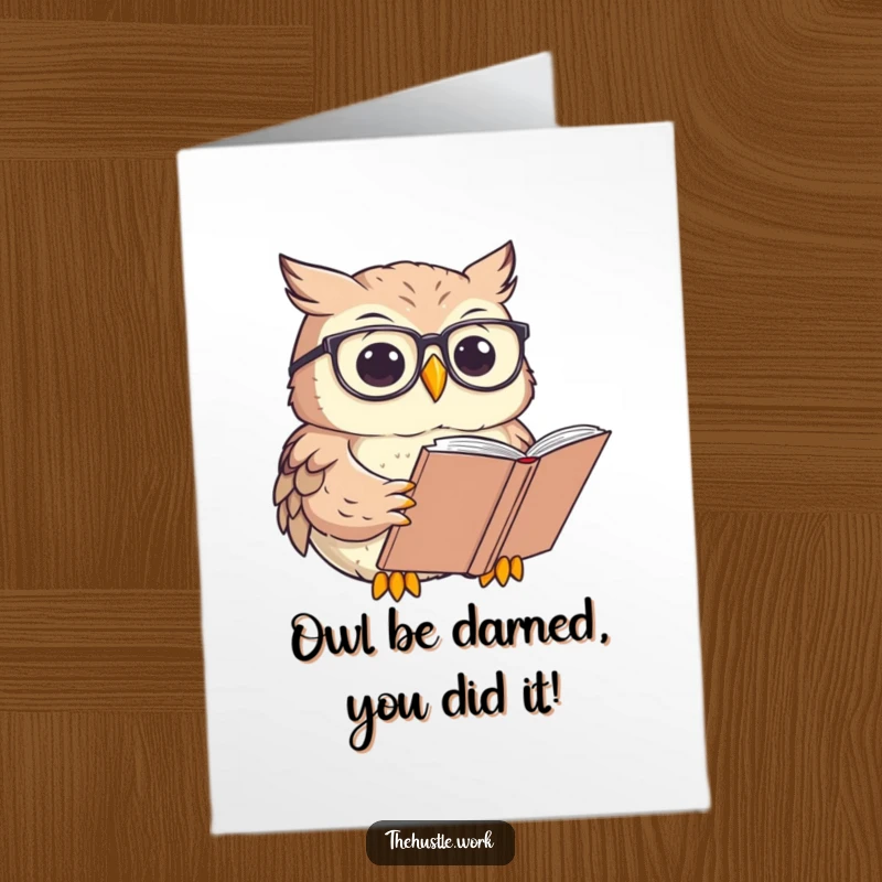 Funny Free Printable Congratulations Card: Owl wearing glasses intently reads a large book, symbolizing intelligence and achievement.