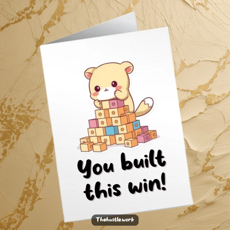 Funny Free Printable Congratulations Card featuring an animal character enthusiastically constructing a precarious tower of small blocks.
