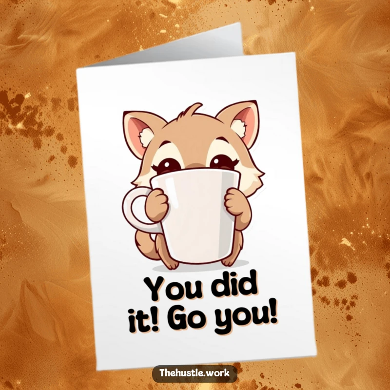 Funny Free Printable Congratulations Card: Energetic animal character with huge coffee cup, celebrating a grand achievement.