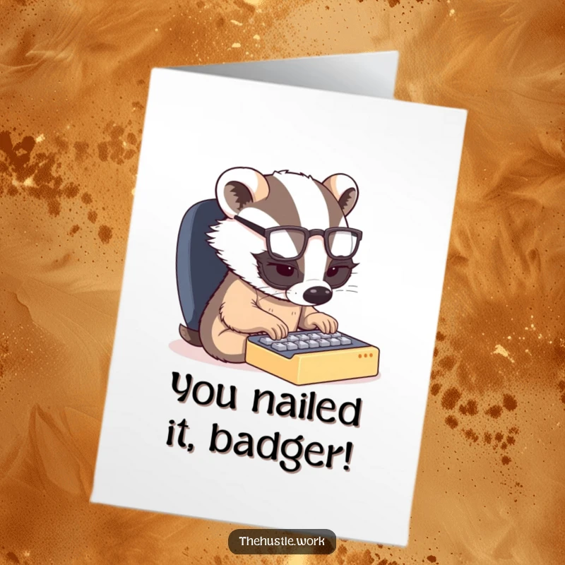 Funny free printable congratulations card with a focused badger typing furiously on a miniature keyboard.