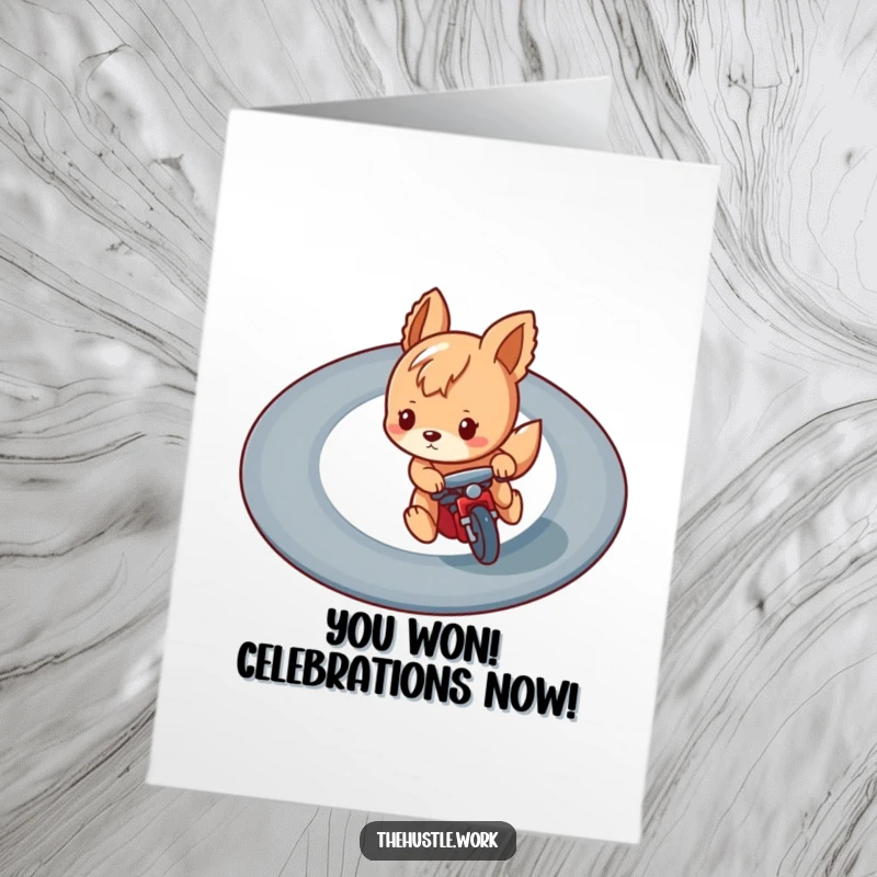 Funny Free Printable Congratulations Card: Focused animal character speeding down a winding track, celebrating a big win.