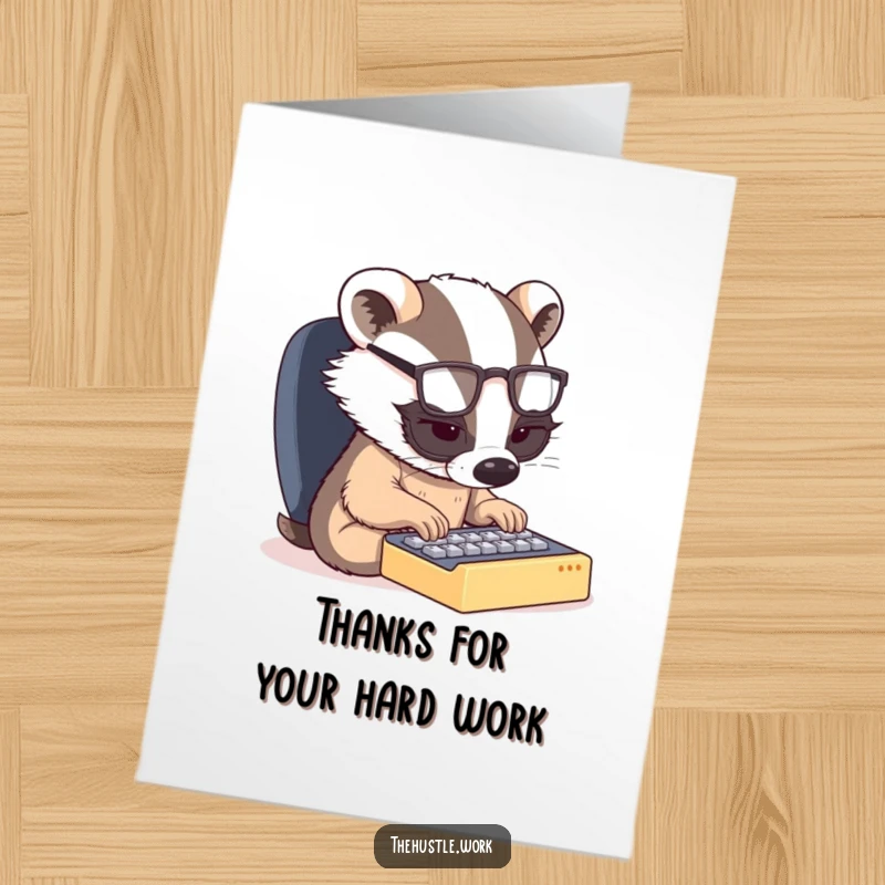 Funny free printable thank you card featuring a small badger wearing glasses, typing intensely on a tiny keyboard.