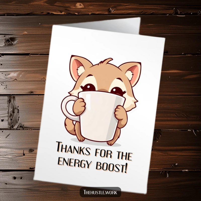 Funny Free Printable Thank You Card: Wide-eyed animal character clutching a massive coffee cup, expressing energetic thanks.