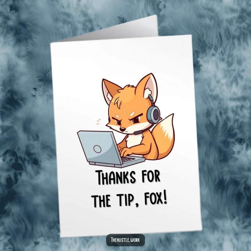 Funny Free Printable Thank You Card: Fox with headset types, then smiles to express thanks for assistance.