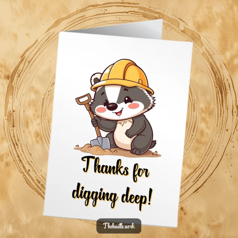 Funny Free Printable Thank You Card: Cheerful badger in hard hat digging, offering a small gift, expressing thanks.