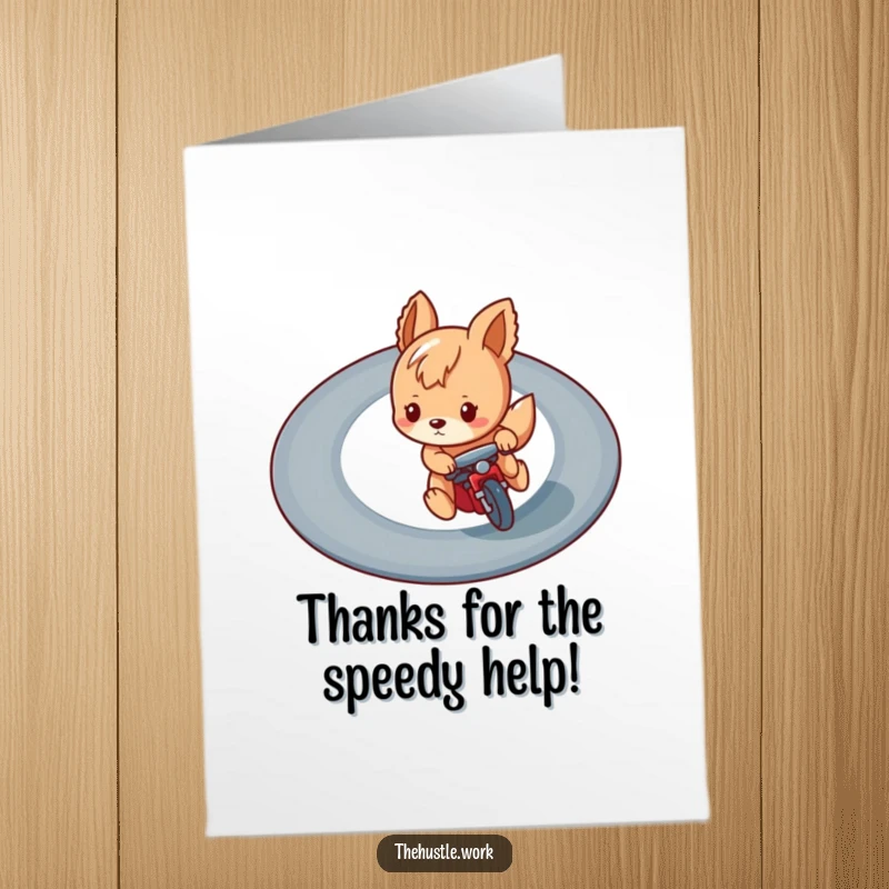 Funny Free Printable Thank You Card: Playful animal character concentrating hard, racing on a winding track to deliver thanks.