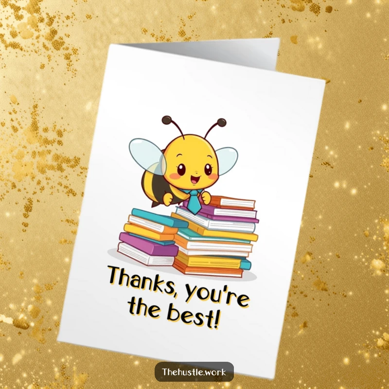 Funny free printable thank you card featuring a busy bee in a tie, surrounded by colorful office papers.