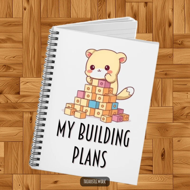 Funny animal character building a tall tower of blocks on the cover of a humorous notebook.