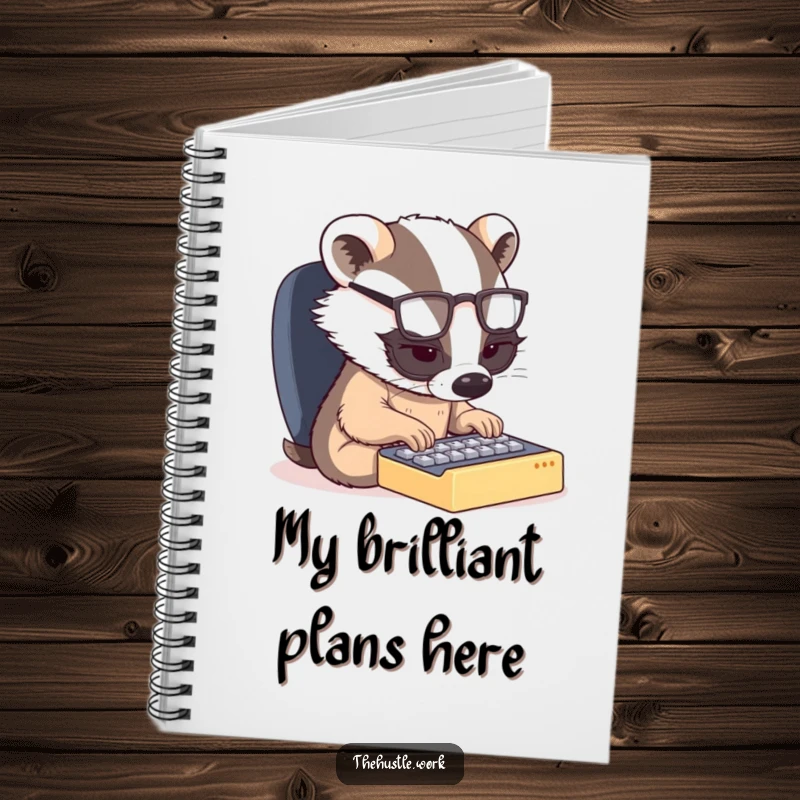 Funny notebook: A determined badger with spectacles types on a mini keyboard, a humorous tool for capturing focused thoughts.