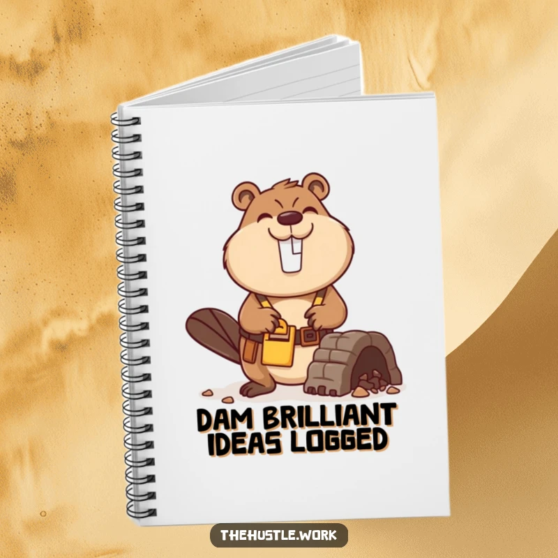 Funny Beaver Notebook with a busy builder wearing a tool belt, smiling while constructing a miniature dam, perfect for notes.