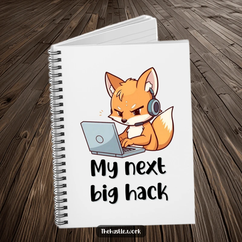Funny Fox Notebook with a determined character in a headset, typing furiously on a laptop, perfect for jotting notes.