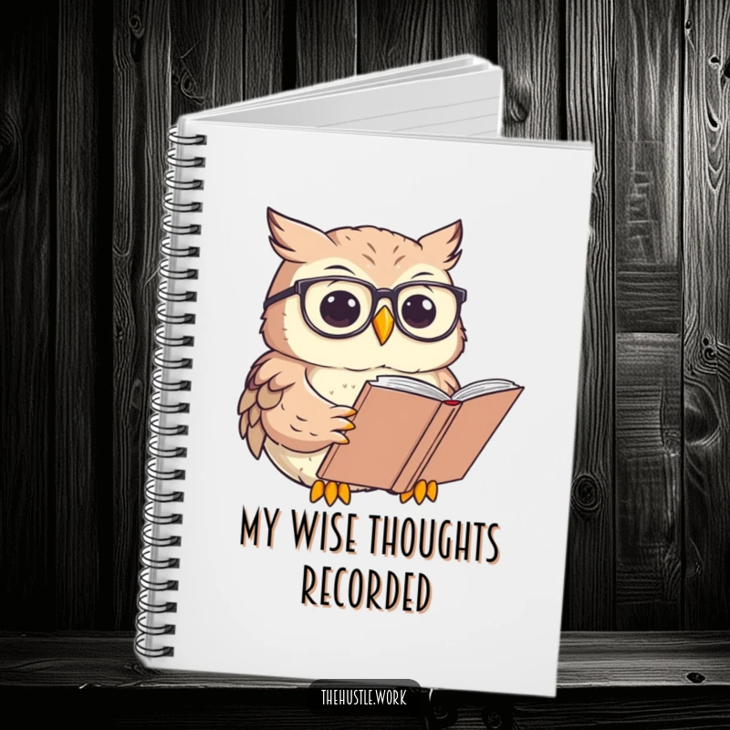 Funny Owl Notebook with round glasses, focused on reading a large book, perfect for jotting notes.