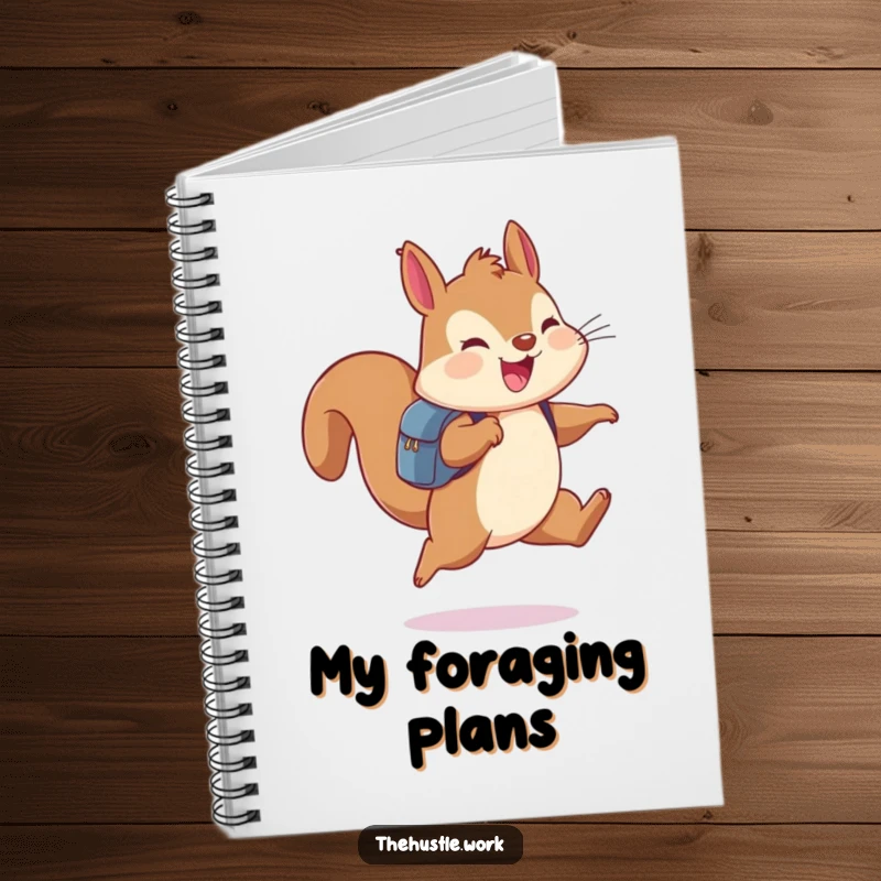 Funny squirrel wearing a backpack, leaping joyfully, on the cover of an adventure notebook.