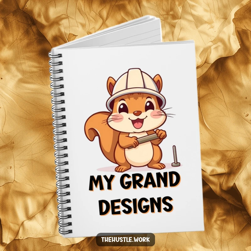 Funny notebook: A cheerful squirrel with a hard hat hammers a nail, a humorous tool for planning projects.