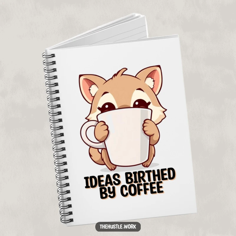 Funny notebook featuring a wide-eyed animal character clutching a large coffee cup, perfect for recording humorous, energetic thoughts.