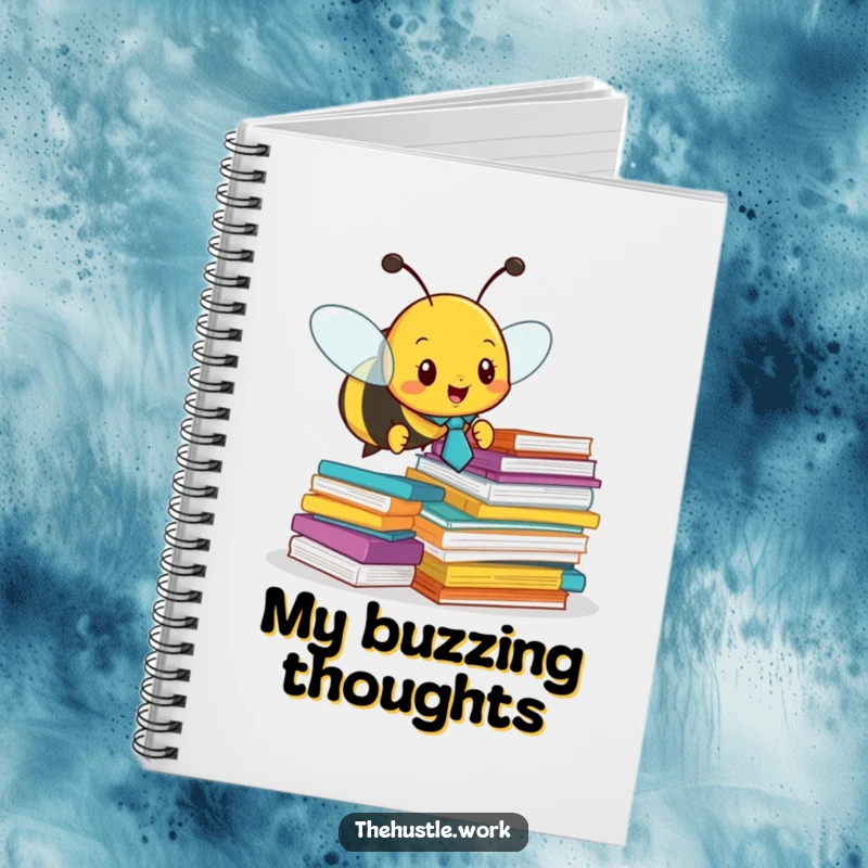 Funny notebook: A busy bee wearing a tie buzzes around papers, a humorous tool for capturing organized thoughts.