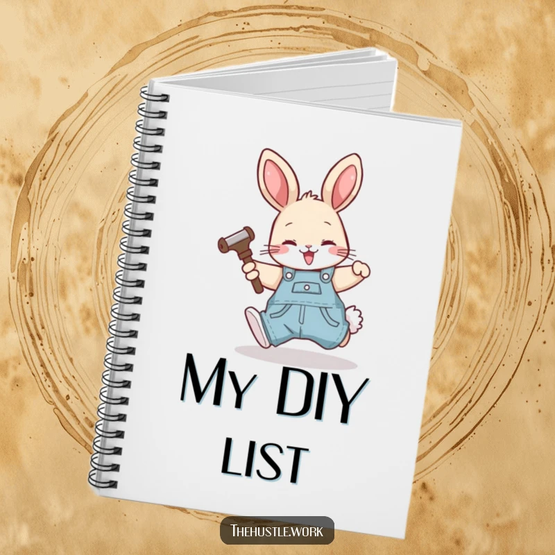 Funny rabbit wearing overalls, happily tumbling forward with a tool, on the cover of a project notebook.