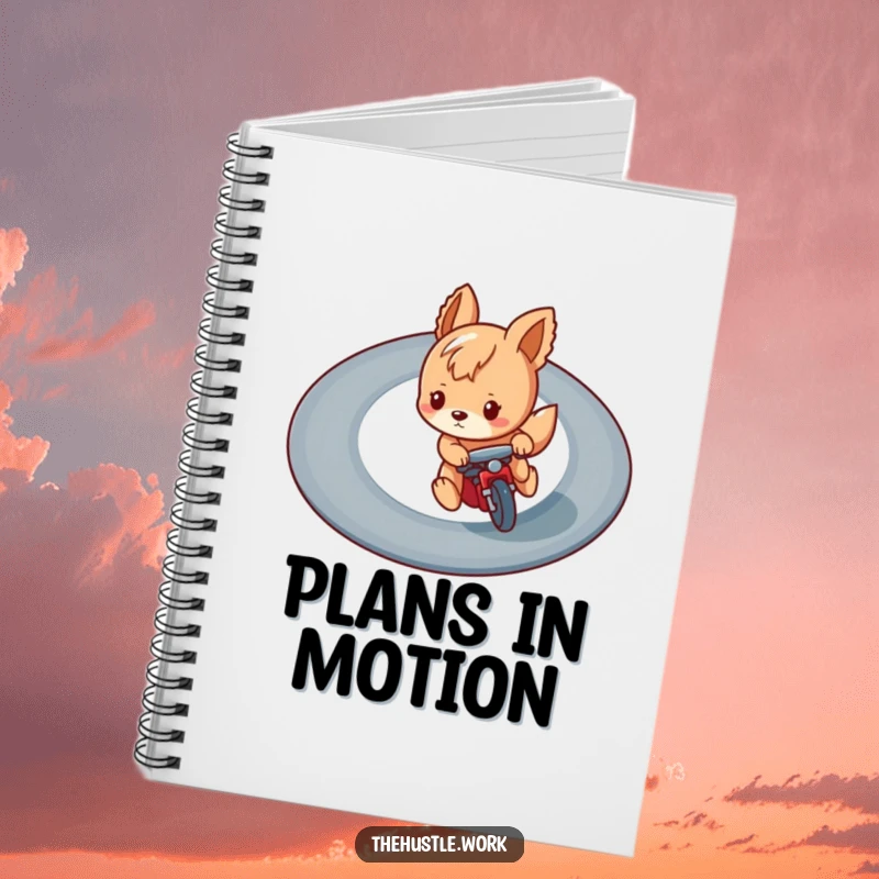 Funny notebook featuring a playful animal character intensely racing on a winding track, perfect for recording humorous, focused plans.