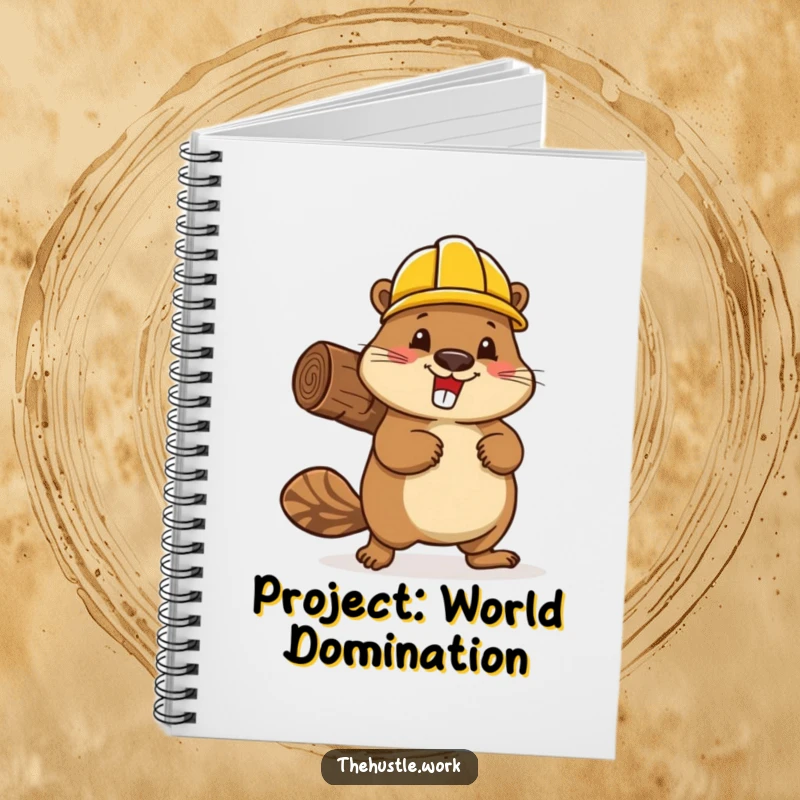 Funny beaver wearing a hard hat, enthusiastically carrying a log, on the cover of a project notebook.