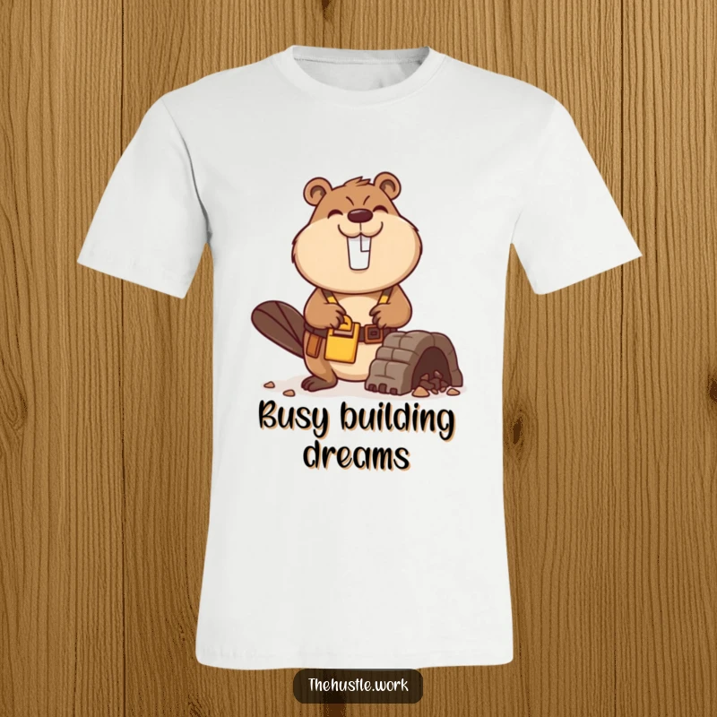 Funny Beaver T-Shirt of a busy builder with a tool belt, smiling while constructing a miniature dam, a DIY master.