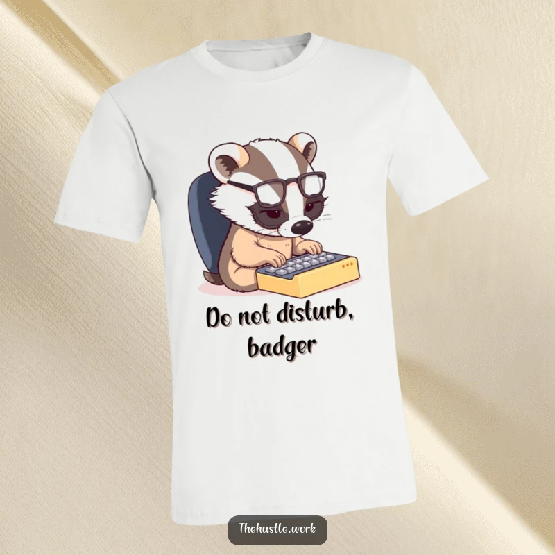 Funny t-shirt: A determined badger wearing spectacles furiously types on a miniature keyboard, a humorous representation of hard work.