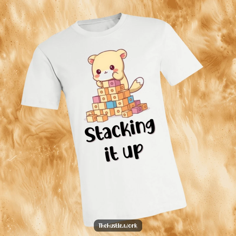 Funny animal character joyfully building a towering structure with colorful blocks on a hilarious t-shirt.